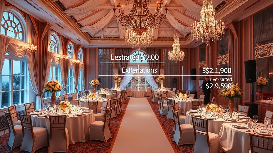 Elegáns esküvői helyszín dekorációval és terítéssel.