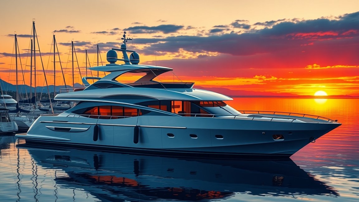 Luxusjacht naplementében a kikötőben, csillogó víz tükrében