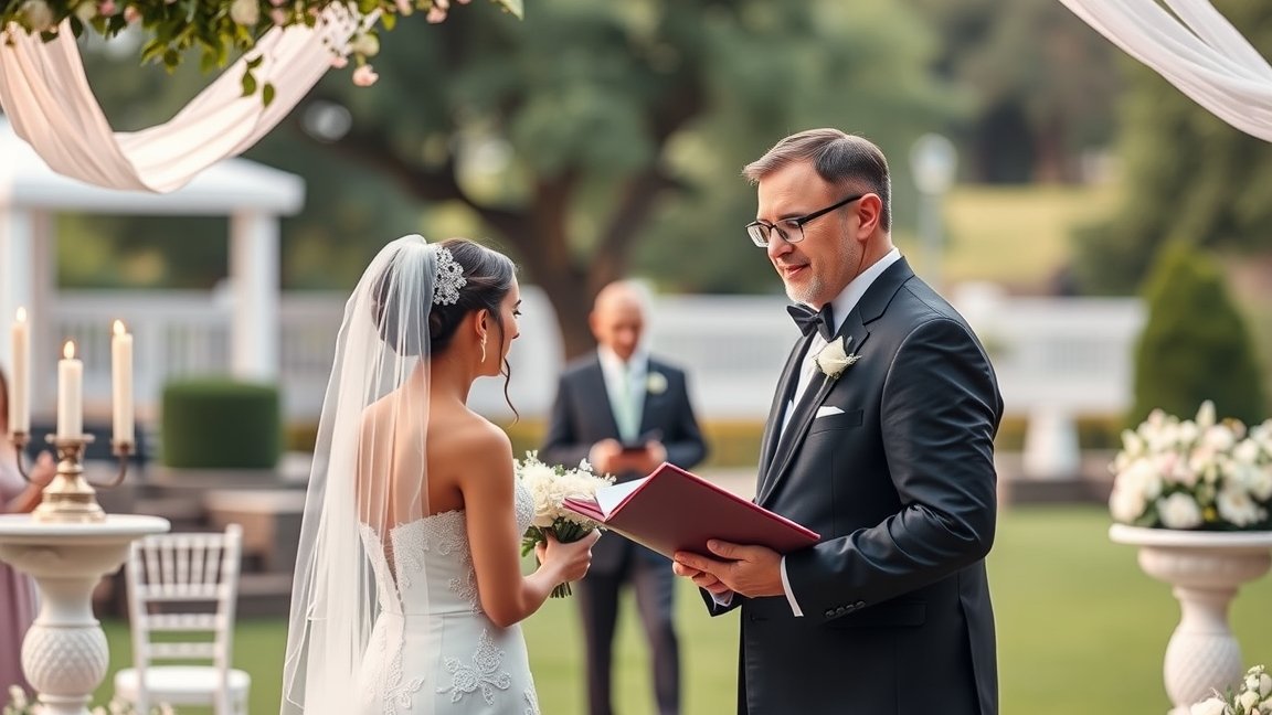 Esküvői szertartásvezető a pár előtt, ceremónia közben.