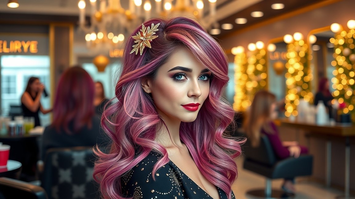 Szilveszteri frizura a fodrászatban, szép hosszú, rózsaszín hajjal.