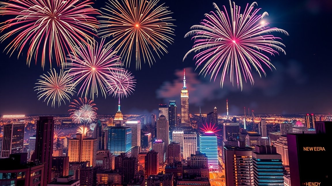 Szilveszteri tűzijáték a város felett, színes fények és látvány