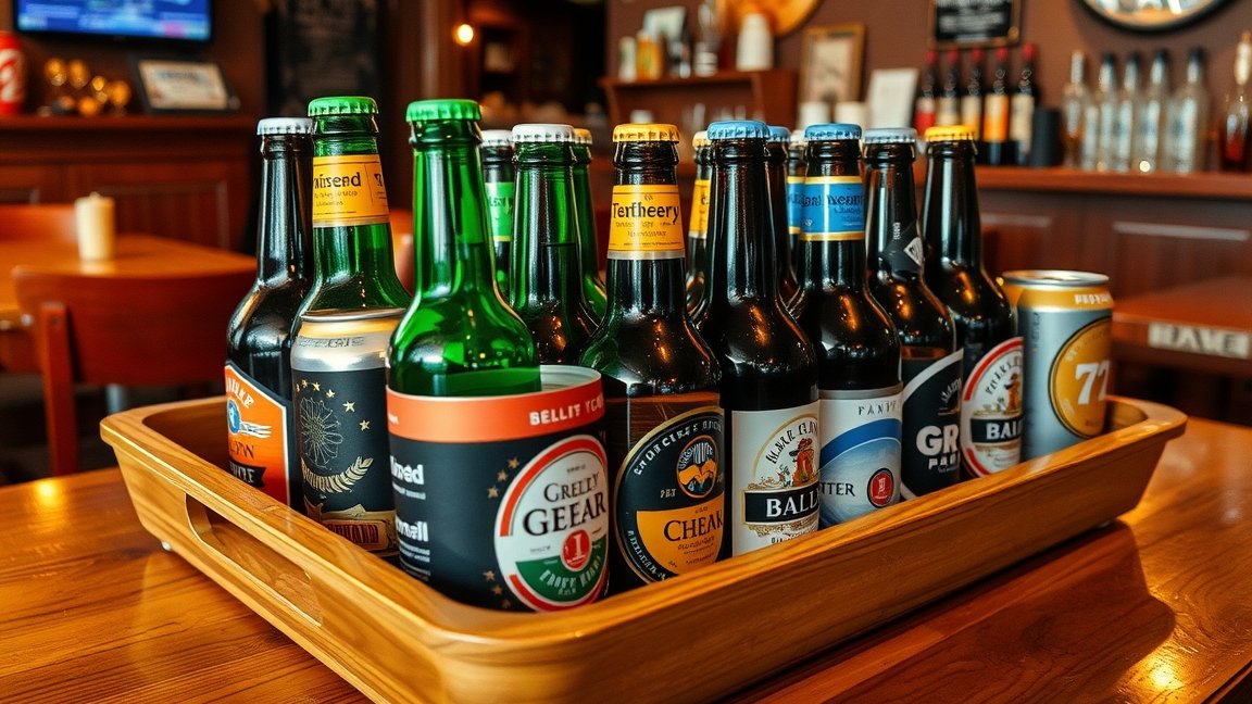 Sörös tálca különböző márkájú üveg sörökkel egy bárban.