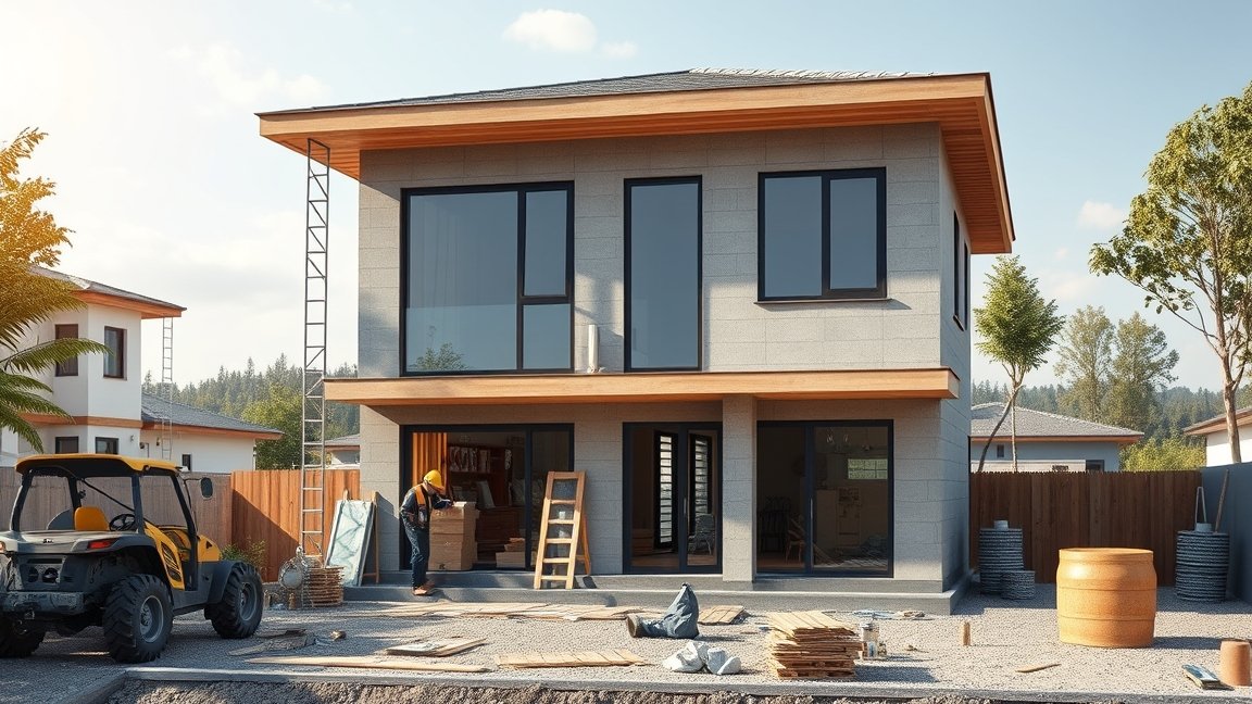 Új építésű ház építése külső környezettel