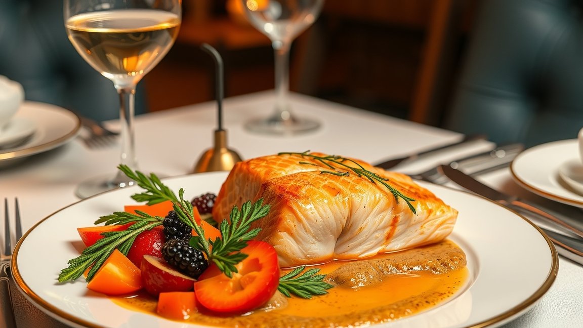 Elegáns ünnepi lazacos fogás friss zöldségekkel és gyümölcsökkel tálalva