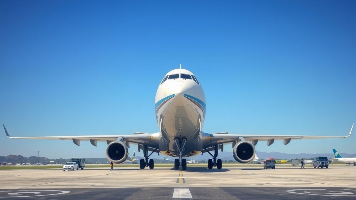 Utasszállító repülőgép a repülőtéren, kék égbolttal