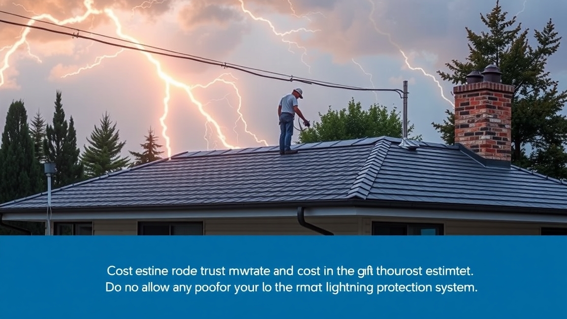 Villámhárító telepítése egy ház tetején viharos időben.