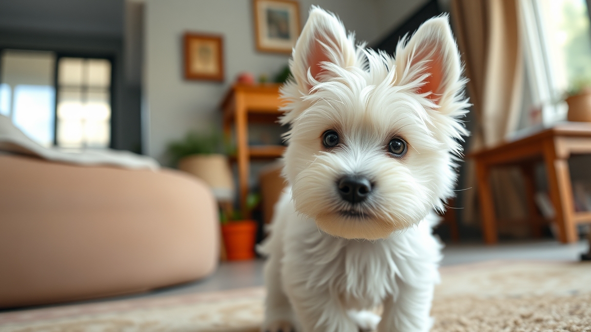 Westie kutya otthoni környezetben, fehér szőrrel és kíváncsi tekintettel.
