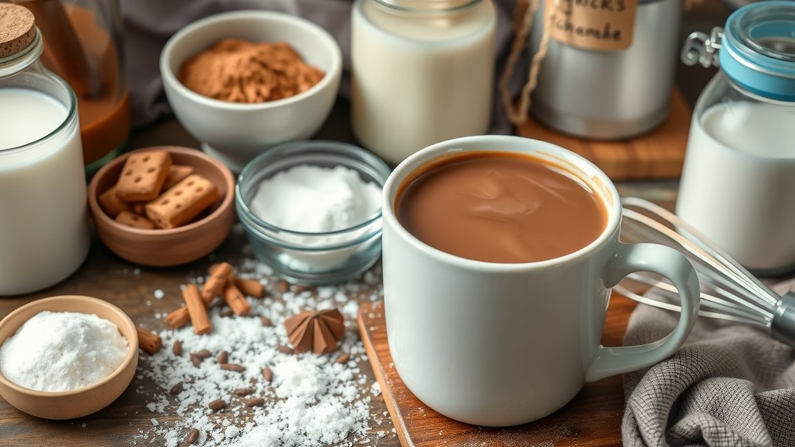 Friss, házi készítésű forró csokoládé hozzávalói az asztalon.