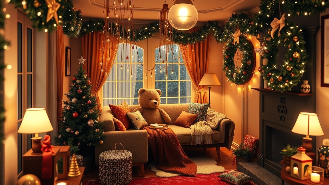 Karácsonyi díszítés hangulatos nappaliban, télies hangulatban.