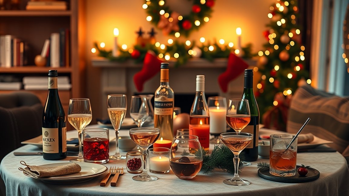 Ünnepi alkoholos italok az asztalon karácsonyi díszítéssel.