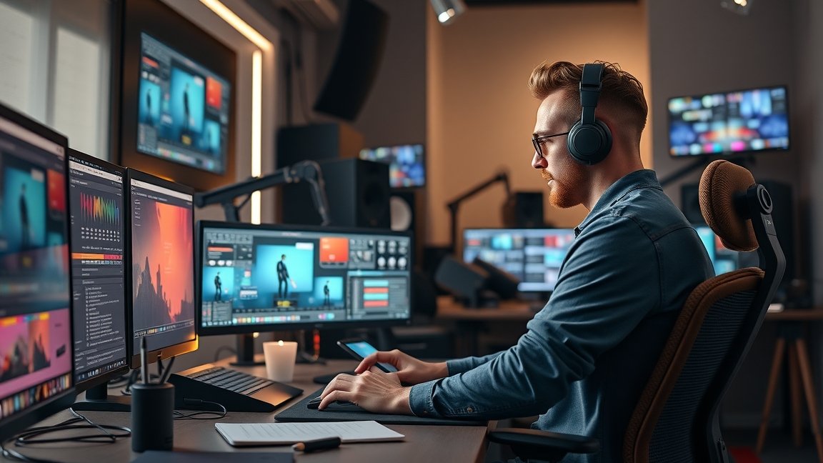 3D animátor számítógép előtt, animációs munkakörnyezetben