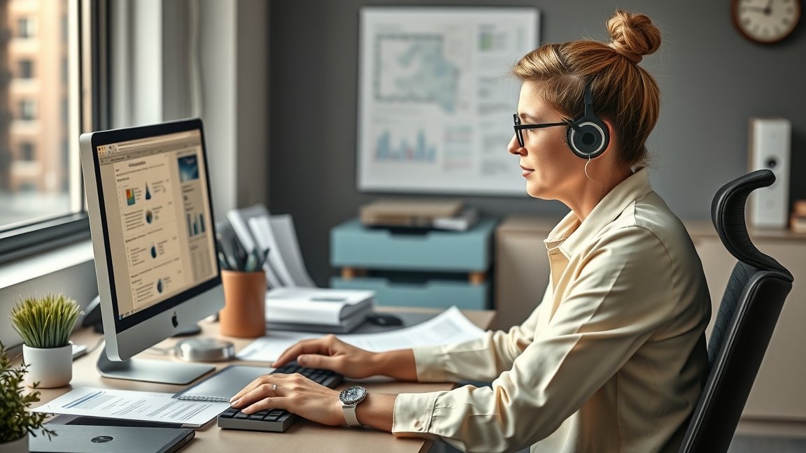 Adminisztrátor munka közben modern irodában, számítógép előtt.