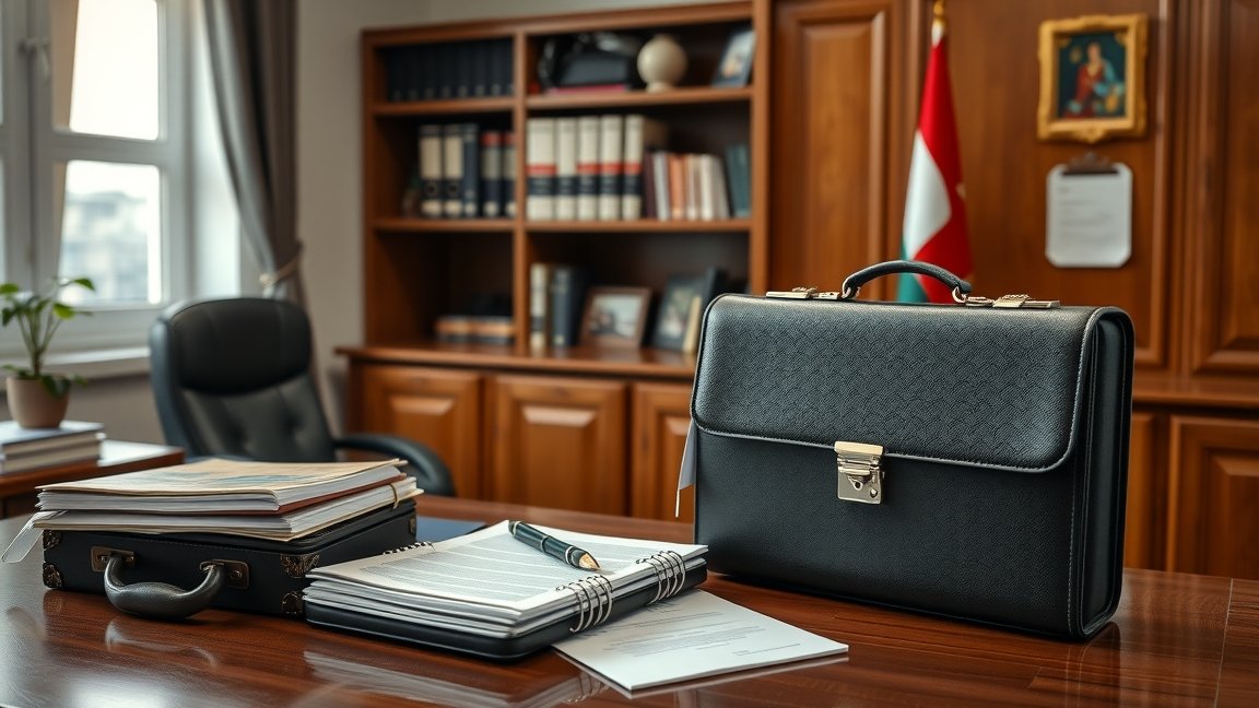 Egy államtitkár íróasztala dokumentumokkal és aktatáskávál.