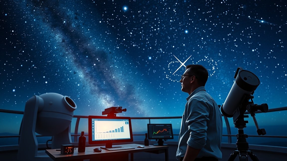 Asztrofizikus a csillagos ég alatt, adatokat elemző számítógéppel