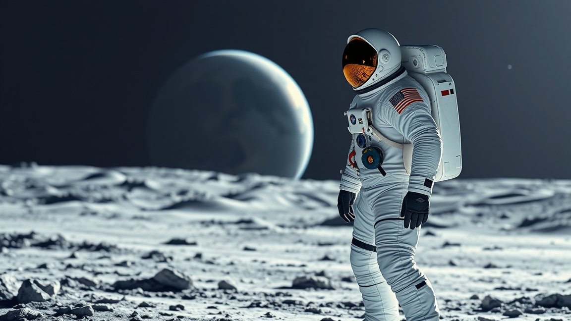 Űrhajós a Hold felszínén, a háttérben Föld látható.