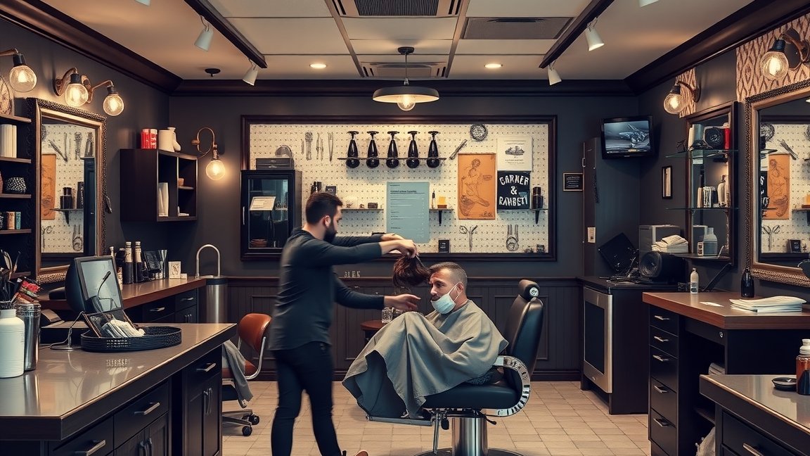 Modern barber shop interior with barber cutting a client's hair