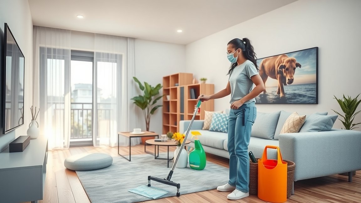 Bejárónő takarítja a nappalit maszkban, tisztítószerekkel.