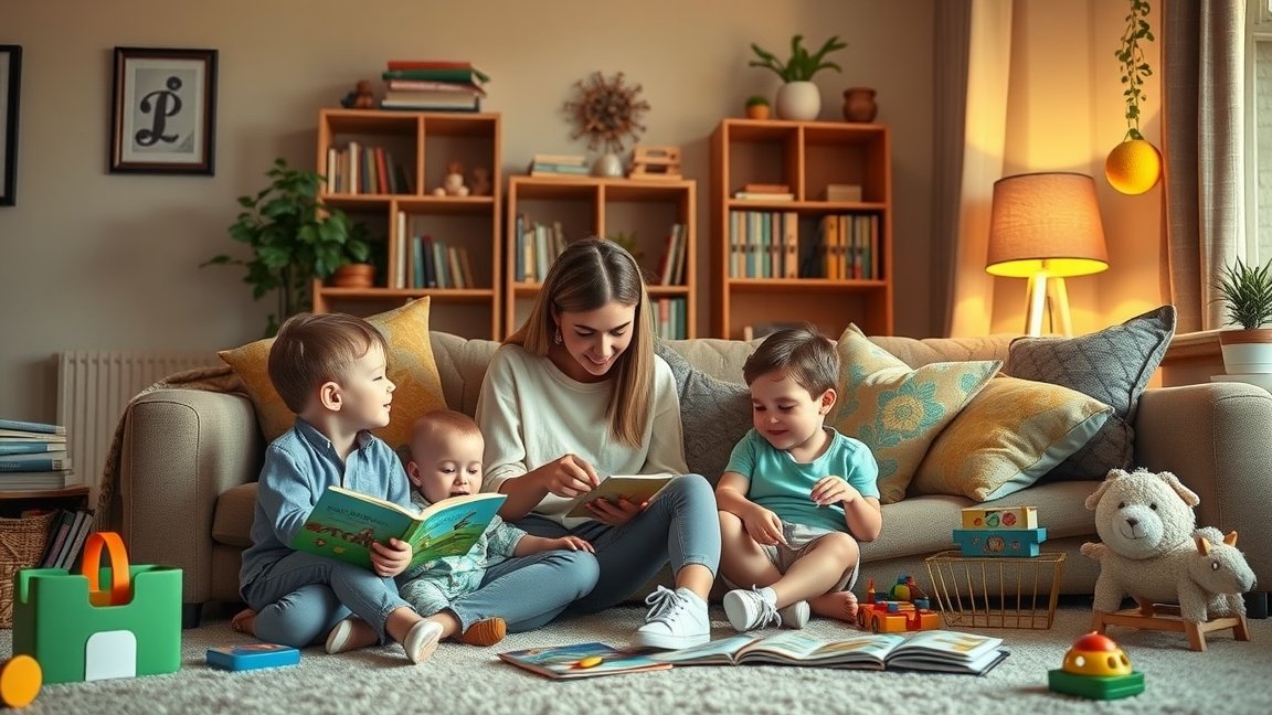 Dadus és gyermekek közös olvasása és játék a nappaliban