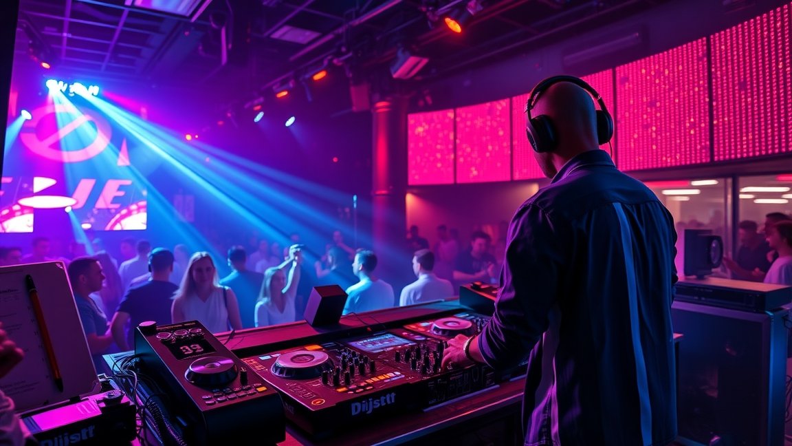 DJ a pult mögött egy szórakozóhelyen, fényshow-val