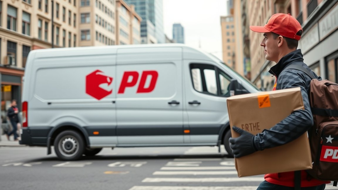 DPD futár csomagot szállít városi környezetben