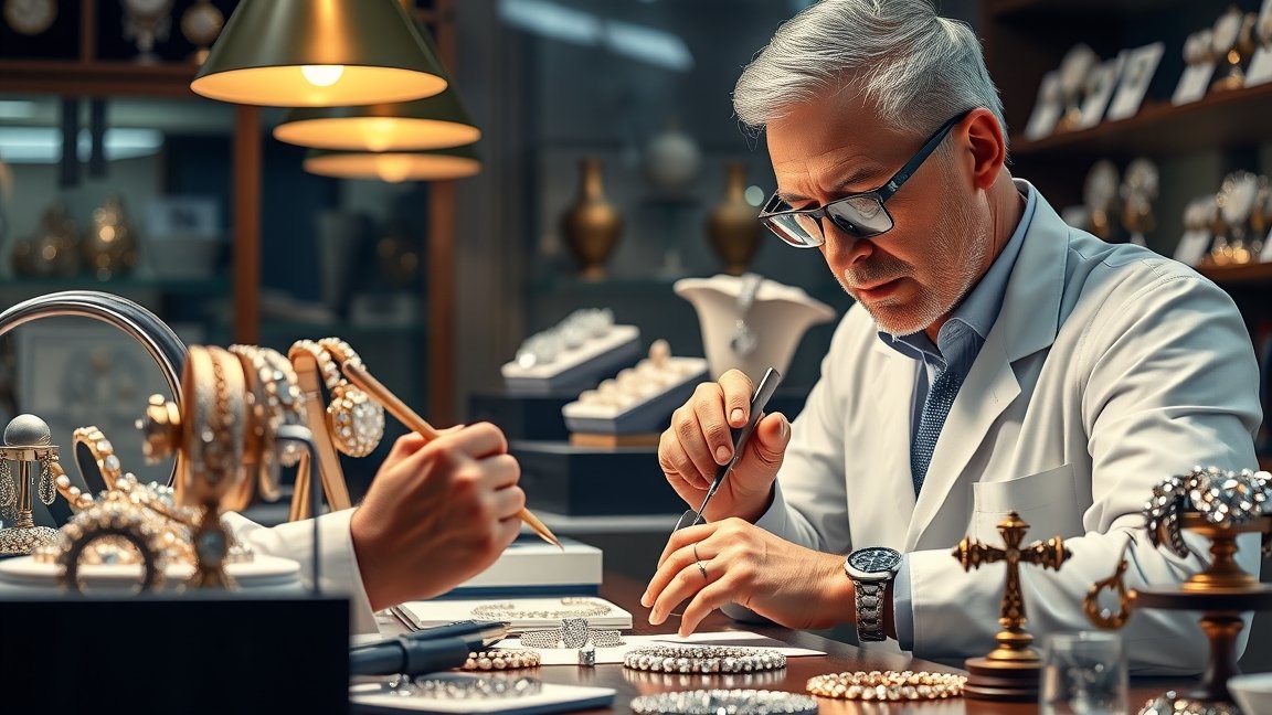 Ékszerbecsüs munka közben, ékszerek felmérése és értékelése