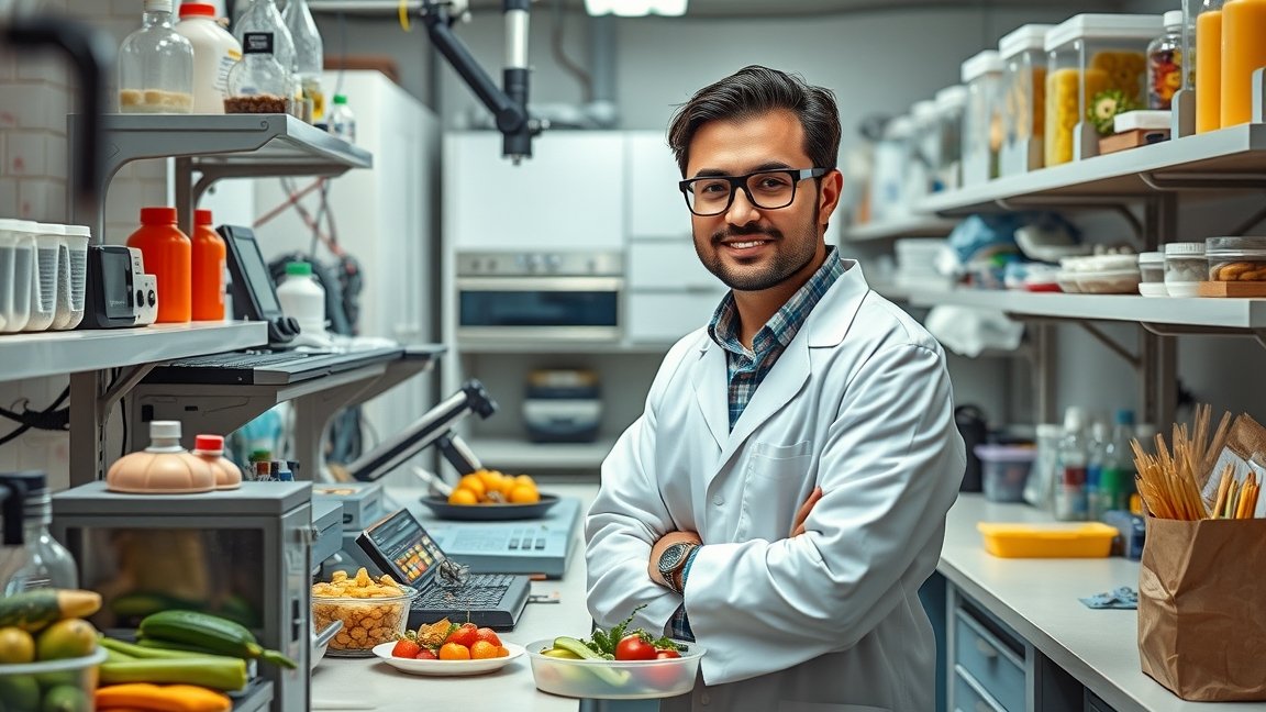 Élelmiszermérnök laboratóriumban friss ételekkel
