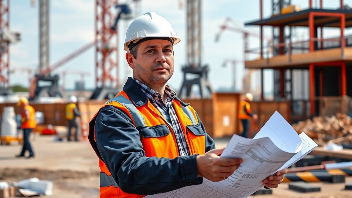 Építésvezető munkagépekkel teli építkezésen