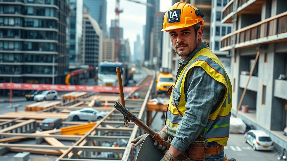 Építőipari segédmunkás a munkavégzés során városi környezetben.
