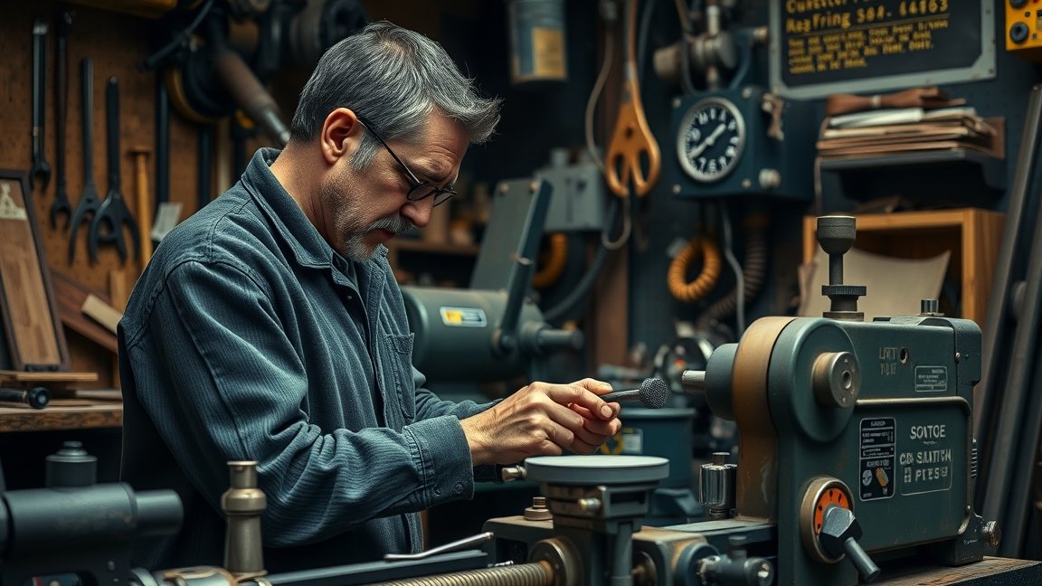 Esztergályos munkáját végzi egy ipari műhelyben