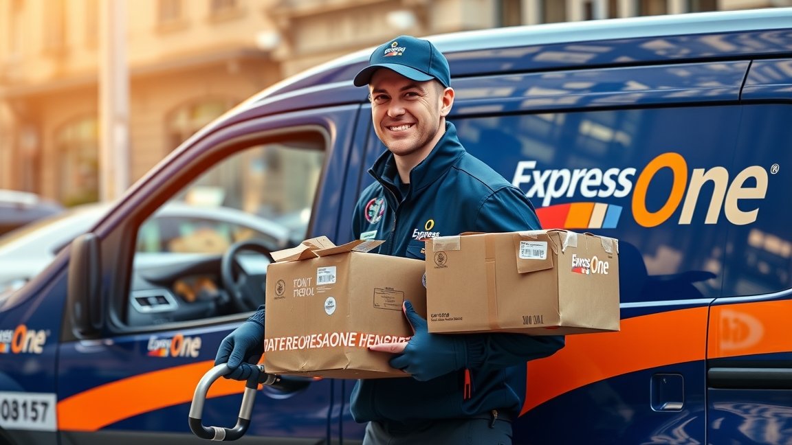 Express One futár kézben tartja a csomagokat egy furgon mellett.