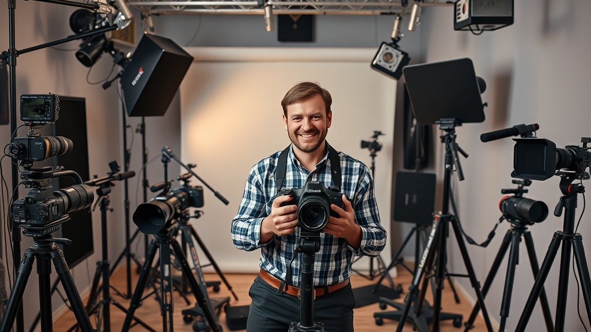 Fényképész stúdióban fényképezőgéppel, háttérben fotós eszközök.