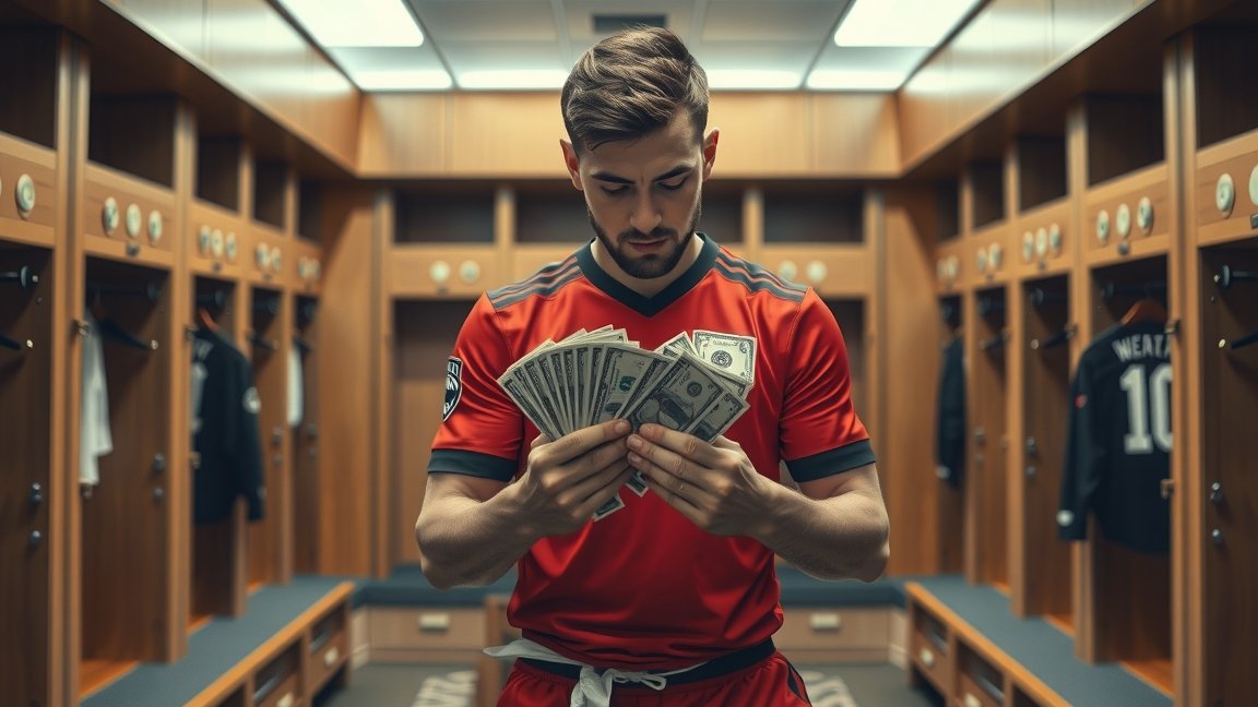 Focista készpénzt számol a öltözőben