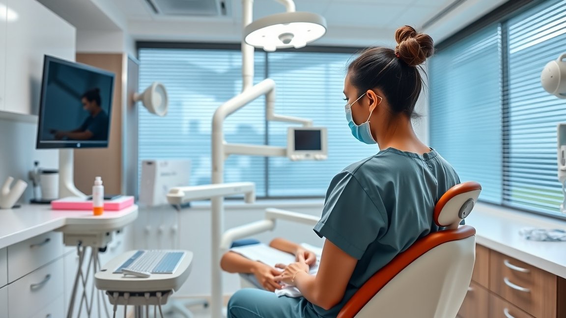 Fogászati asszisztens egy modern fogászati rendelőben.