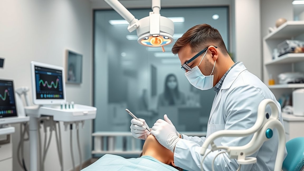 Fogorvos kezel egy beteget modern fogászati rendelőben.