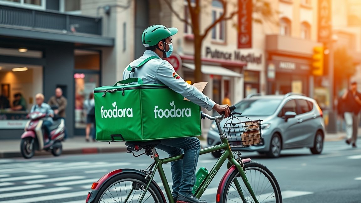 Foodora futár kerékpáron városi környezetben