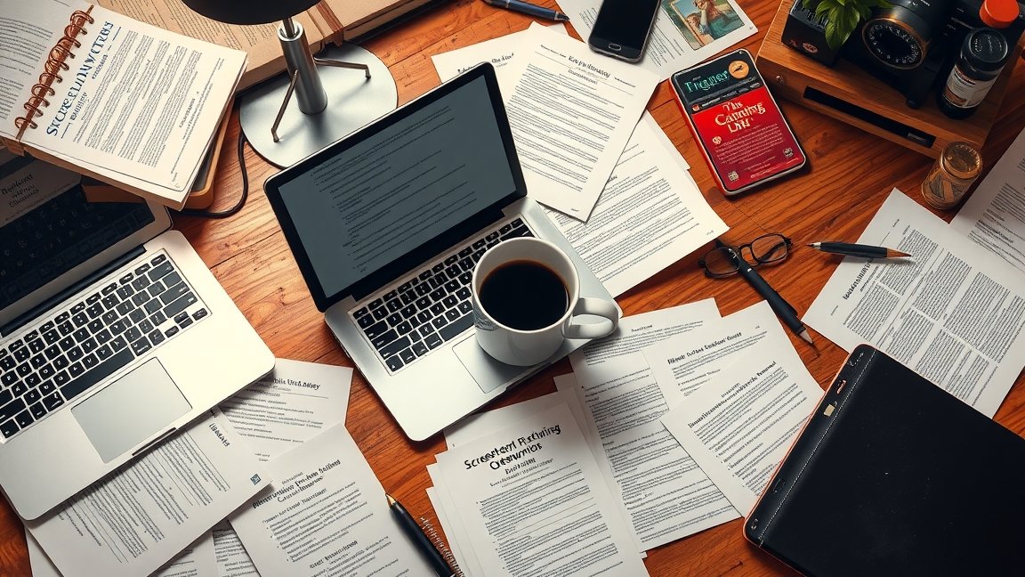 Forgatókönyvíró íróasztala kávéval és dokumentumokkal