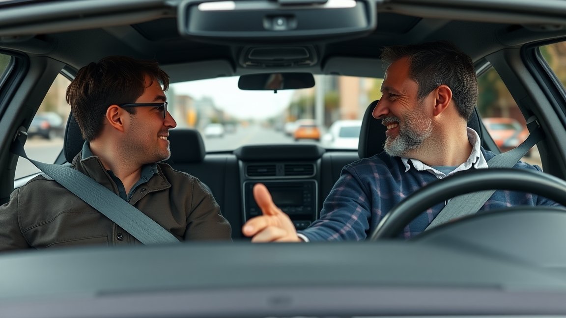 Gépjárműoktató és diák a vezetőülésben, oktatás közben.