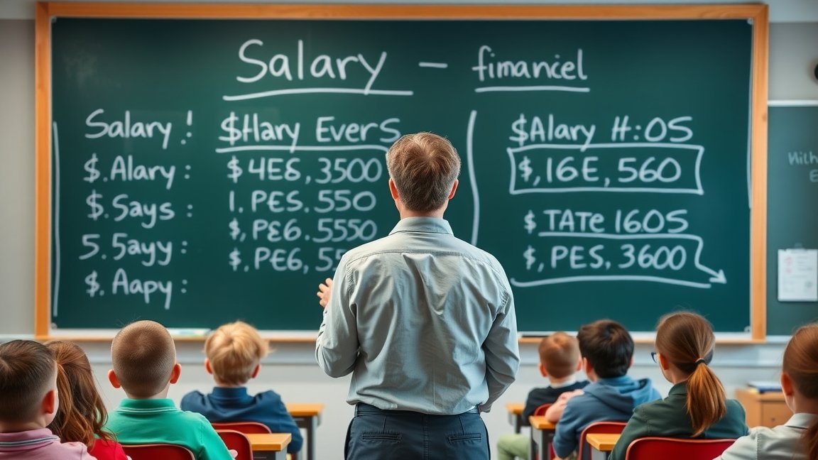 Gimnáziumi tanár a diákok előtt, bérinformációkkal a táblán.