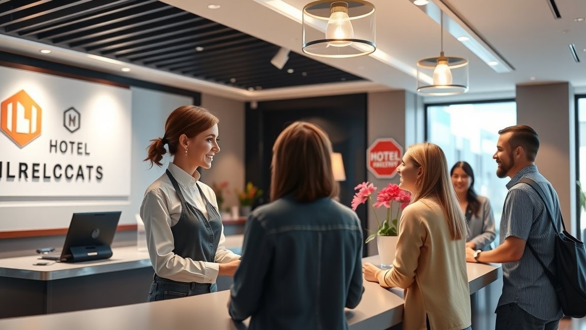 Hotel recepciós fogadja a vendégeket a szállodai recepciónál.