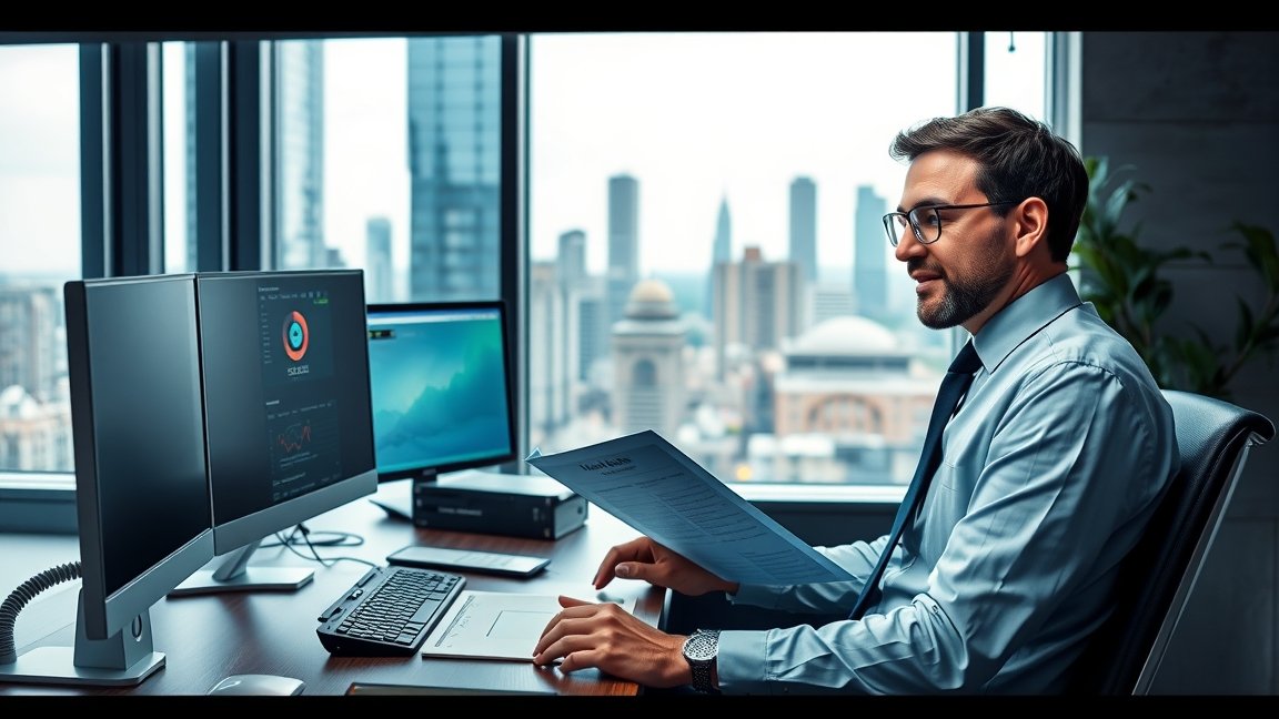 HR-igazgató a munkahelyén, számítógéphasználat közben