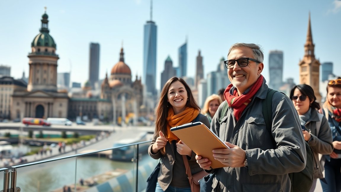 Idegenvezetők egy városi túrán, boldog csoport mosolyogva