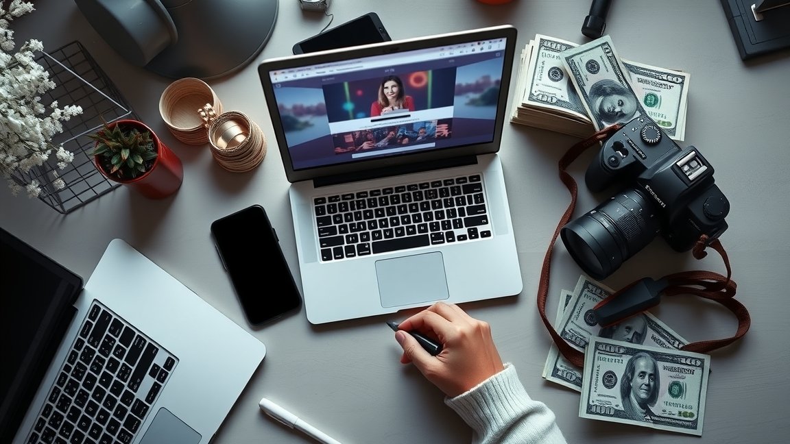 Influenszer munkakörnyezet, laptopon és pénzen dolgozik