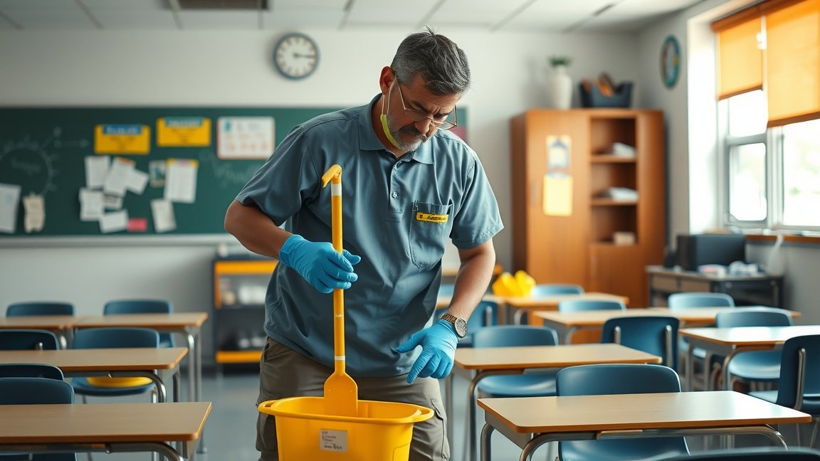 Iskolai takarító munkáját végzi egy tanteremben