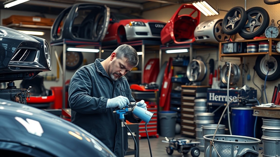 Járműfényező munka közben, autószerelő műhelyben.