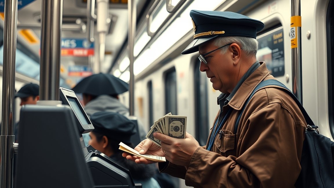 Jegyellenőr pénzt számol a metrón