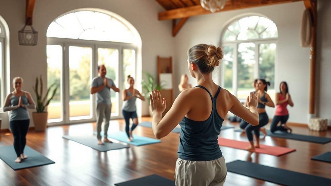Jógaóra egy stúdióban, jógaoktató és tanulók
