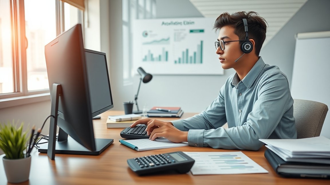 Junior könyvelő dolgozik számítógép előtt irodai környezetben.