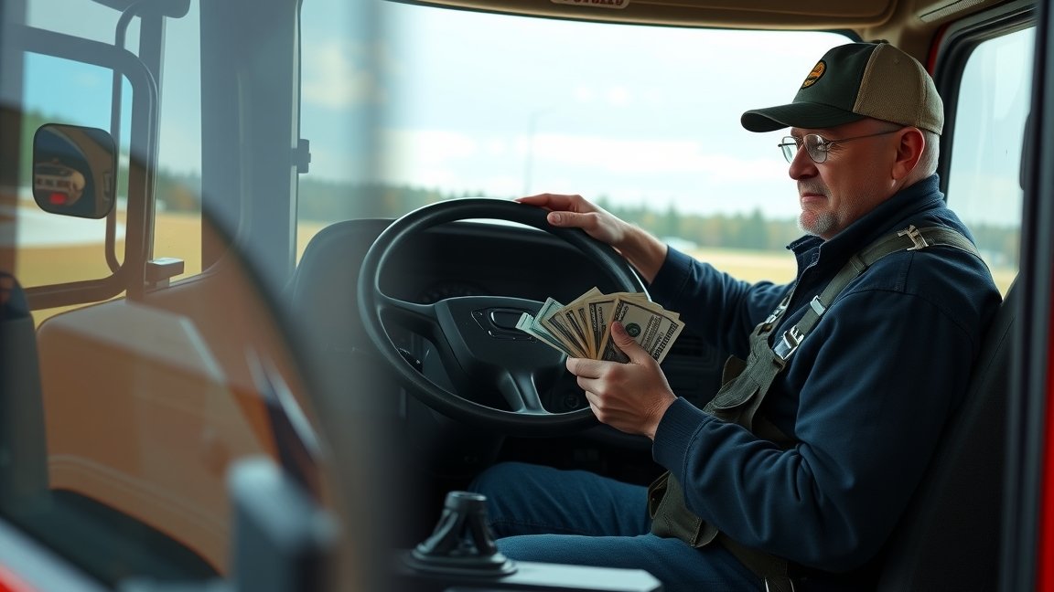 Kamionos pénzt számoló sofőr a jármű volánjánál ülve