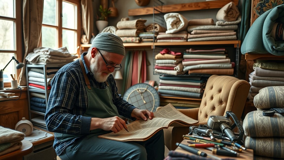 Kárpitos munkahely: tapasztalt szakember dolgozik textilanyaggal.