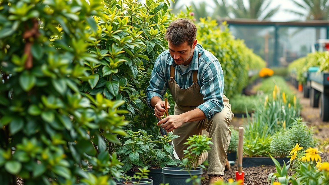 Kertész munkája során növényeket gondoz és ápol a kertben.